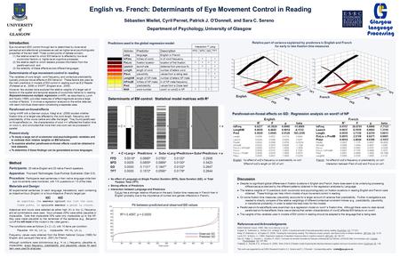 English vs. French: Determinants of Eye Movement Control in Reading Sébastien Miellet, Cyril Pernet, Patrick J. O’Donnell, and Sara C. Sereno Department.