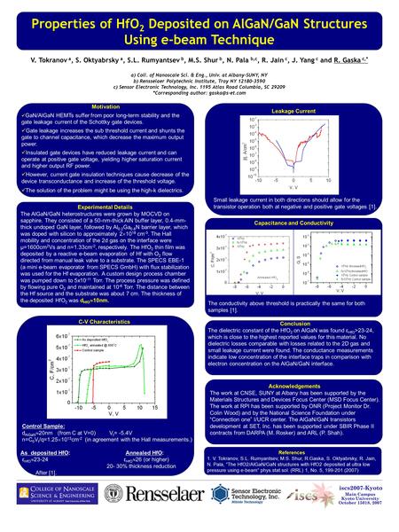 Properties of HfO 2 Deposited on AlGaN/GaN Structures Using e-beam Technique V. Tokranov a, S. Oktyabrsky a, S.L. Rumyantsev b, M.S. Shur b, N. Pala b,c,