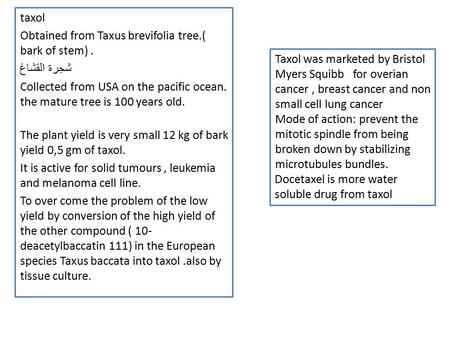 Taxol Obtained from Taxus brevifolia tree.( bark of stem). شجرة القشاغ Collected from USA on the pacific ocean. the mature tree is 100 years old. The plant.