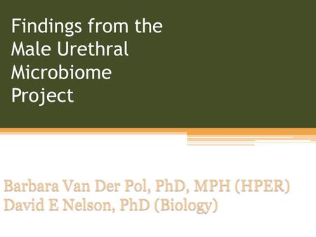 Findings from the Male Urethral Microbiome Project Barbara Van Der Pol, PhD, MPH (HPER) David E Nelson, PhD (Biology)