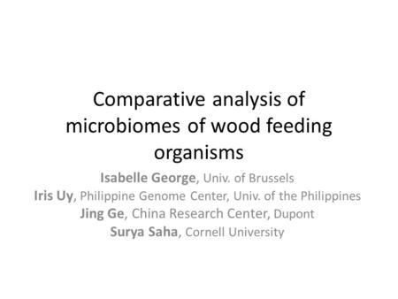 Comparative analysis of microbiomes of wood feeding organisms Isabelle George, Univ. of Brussels Iris Uy, Philippine Genome Center, Univ. of the Philippines.