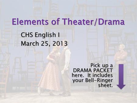 Elements of Theater/Drama CHS English I March 25, 2013 Pick up a DRAMA PACKET here. It includes your Bell-Ringer sheet.