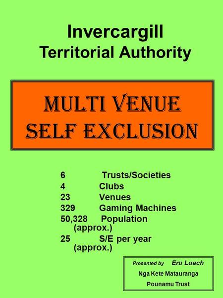 Multi Venue Self Exclusion 6 Trusts/Societies 4 Clubs 23 Venues 329 Gaming Machines 50,328 Population (approx.) 25 S/E per year (approx.) Presented by.