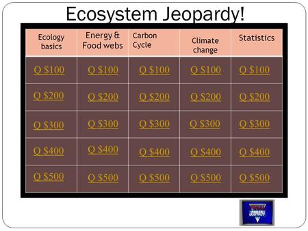 Ecology basics Energy & Food webs Carbon Cycle Statistics Q $100 Q $200 Q $300 Q $400 Q $500 Q $100 Q $200 Q $300 Q $400 Q $500 Climate change Ecosystem.