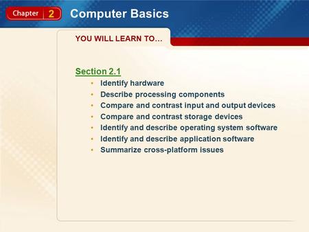 Section 2 Section 2.1 Identify hardware Describe processing components Compare and contrast input and output devices Compare and contrast storage devices.