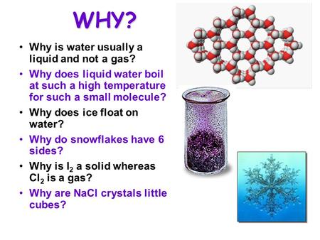 1 WHY? Why is water usually a liquid and not a gas? Why does liquid water boil at such a high temperature for such a small molecule? Why does ice float.