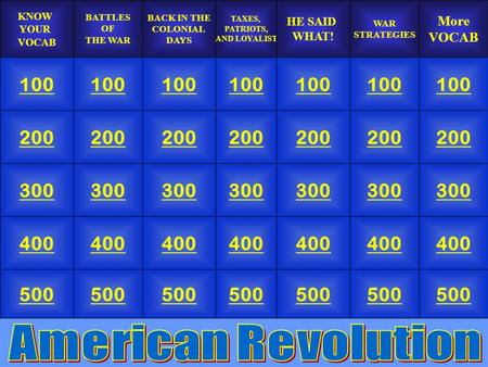 KNOW YOUR VOCAB BATTLES OF THE WAR BACK IN THE COLONIAL DAYS TAXES, PATRIOTS, AND LOYALIST HE SAID WHAT! WAR STRATEGIES More VOCAB 100 200 300 400 500.