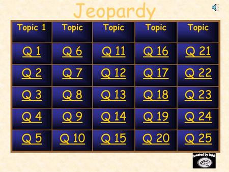 Jeopardy Topic 1Topic Q 1Q 6Q 11Q 16Q 21 Q 2Q 7Q 12Q 17Q 22 Q 3Q 8Q 13Q 18Q 23 Q 4Q 9Q 14Q 19Q 24 Q 5Q 10Q 15Q 20Q 25.