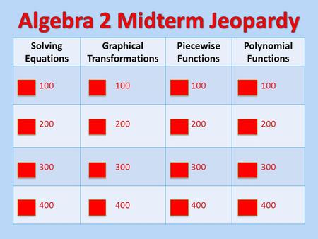 Solving Equations Graphical Transformations Piecewise Functions Polynomial Functions 100 200 300 400.