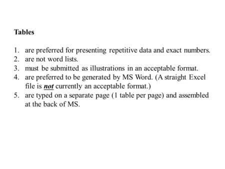 Tables 1.are preferred for presenting repetitive data and exact numbers. 2.are not word lists. 3.must be submitted as illustrations in an acceptable format.