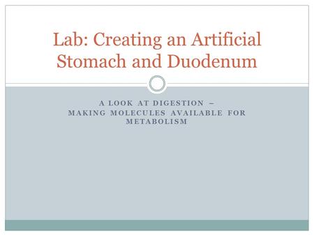 A LOOK AT DIGESTION – MAKING MOLECULES AVAILABLE FOR METABOLISM Lab: Creating an Artificial Stomach and Duodenum.