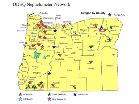 ODEQ Nephelometer Network ODEQ (19) LRAPA (5) Forest Health (9) Field Burning (3) Visibility (4) Asotin, WA.