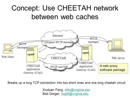 Concept: Use CHEETAH network between web caches Internet CHEETAH Application Gateway (CAG) CHEETAH Application Gateway (CAG) Web client Web server Original.