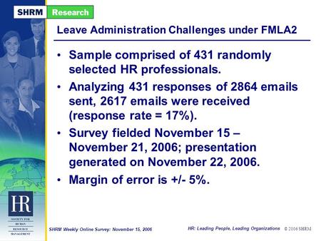 HR: Leading People, Leading Organizations © 2006 SHRM SHRM Weekly Online Survey: November 15, 2006 Leave Administration Challenges under FMLA2 Sample comprised.