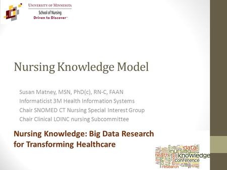 Nursing Knowledge Model Susan Matney, MSN, PhD(c), RN-C, FAAN Informaticist 3M Health Information Systems Chair SNOMED CT Nursing Special Interest Group.