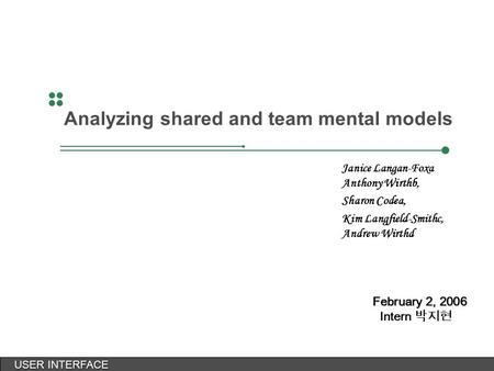 USER INTERFACE USER INTERFACE February 2, 2006 Intern 박지현 Analyzing shared and team mental models Janice Langan-Foxa Anthony Wirthb, Sharon Codea, Kim.