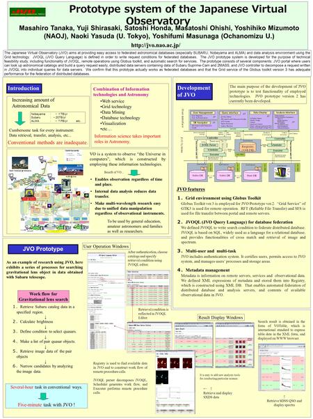 Prototype system of the Japanese Virtual Observatory The Japanese Virtual Observatory (JVO) aims at providing easy access to federated astronomical databases.