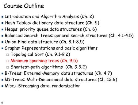 0 Course Outline n Introduction and Algorithm Analysis (Ch. 2) n Hash Tables: dictionary data structure (Ch. 5) n Heaps: priority queue data structures.