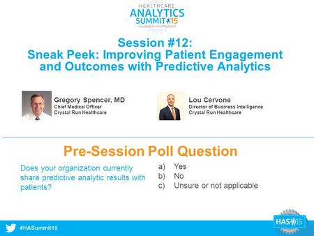 #HASummit14 Session #12: Sneak Peek: Improving Patient Engagement and Outcomes with Predictive Analytics Pre-Session Poll Question Does your organization.