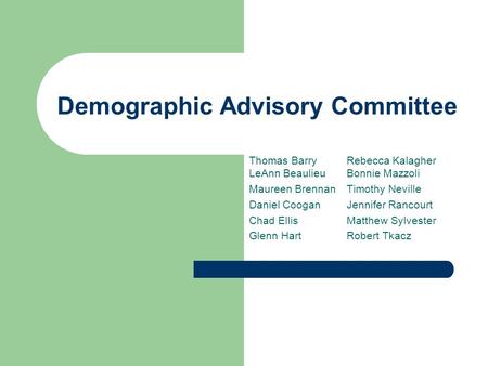 Demographic Advisory Committee Thomas BarryRebecca Kalagher LeAnn BeaulieuBonnie Mazzoli Maureen BrennanTimothy Neville Daniel CooganJennifer Rancourt.