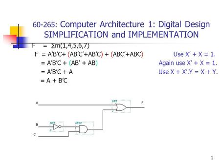 F    =  ∑m(1,4,5,6,7) F  = A’B’C+ (AB’C’+AB’C) + (ABC’+ABC) Use X’ + X = 1.