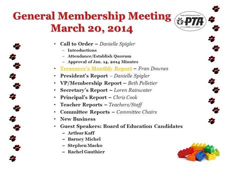 General Membership Meeting March 20, 2014 Call to Order – Danielle Spigler – Introductions – Attendance/Establish Quorum – Approval of Jan. 14, 2014 Minutes.