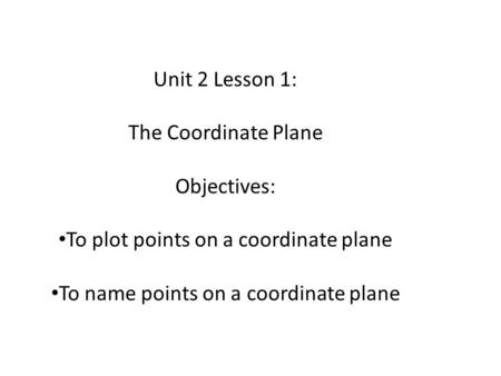 Unit 2 Lesson 1: The Coordinate Plane Objectives: To plot points on a coordinate plane To name points on a coordinate plane.