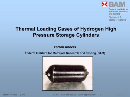 Division III.2 Storage Systems Stefan Anders BAMICHS – San Sebastian – 2007 September 11-13 slide no 1 Stefan Anders Federal Institute for Materials Research.