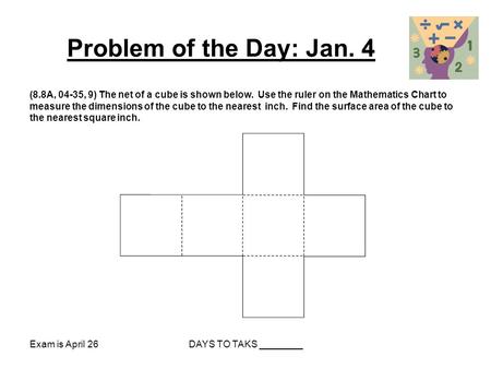 Problem of the Day: Jan. 4 (8.8A, 04-35, 9) The net of a cube is shown below. Use the ruler on the Mathematics Chart to measure the dimensions of the cube.