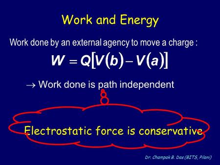 Work and Energy Electrostatic force is conservative