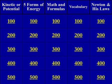 200 300 400 500 100 200 300 400 500 100 200 300 400 500 100 200 300 400 500 100 200 300 400 500 100 Kinetic or Potential 5 Forms of Energy Math and Formulas.