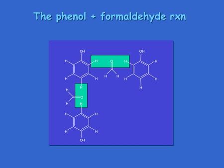 The phenol + formaldehyde rxn. Network formation Further reaction under heat & pressure builds up densely cross-linked network. This is Bakelite, a thermosetting.