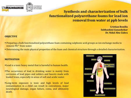 Synthesis and characterization of bulk functionalized polyurethane foams for lead ion removal from water at ppb levels Cristian Bonilla Subhashini Gunashekar.