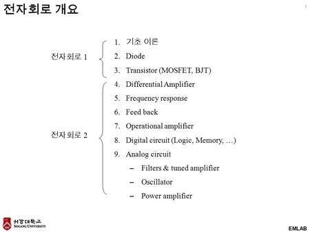 전자회로 개요 기초 이론 Diode Transistor (MOSFET, BJT) 전자회로 1