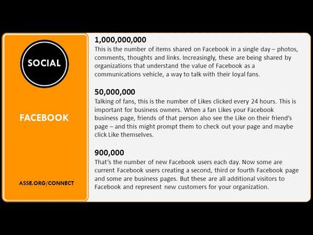 1,000,000,000 This is the number of items shared on Facebook in a single day – photos, comments, thoughts and links. Increasingly, these are being shared.