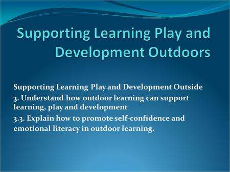 Supporting Learning Play and Development Outside 3. Understand how outdoor learning can support learning, play and development 3.3. Explain how to promote.