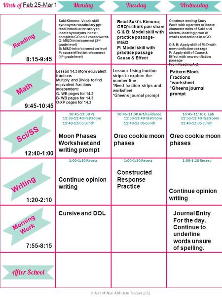 Reading Math Sci/SS Writing Morning Work 10:45-11:30 PE10:45-11:30 Art/Guidance10:45-11:30 C. Lab 11:30-11:40 Restroom 11:40-12:05 Lunch 11:30-11:40 Restroom.