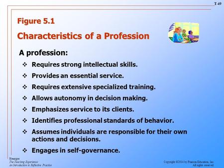 Figure 5.1 Characteristics of a Profession A profession:  Requires strong intellectual skills.  Provides an essential service.  Requires extensive specialized.