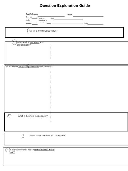 Question Exploration Guide Date : Title Critical Question #: Name : Text Reference Course Lesson Unit How can we use the main idea again? 5 Is there an.