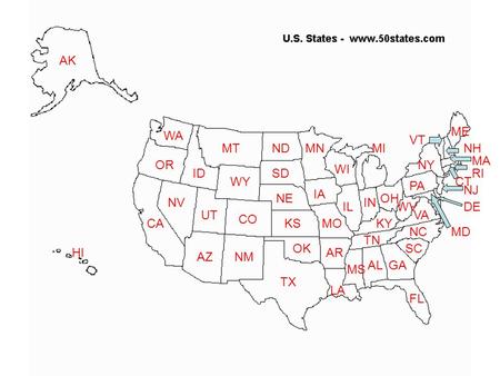 ME NY PA WV VA VT NH MA RI CT NJ DE MDNC SC GA FL AL MS LA KY TN OH IN IL WI MIMN IA MO AR ND SD NE KS OK TX MT WY CO NM UT AZ NV ID WA OR CA AK HI.