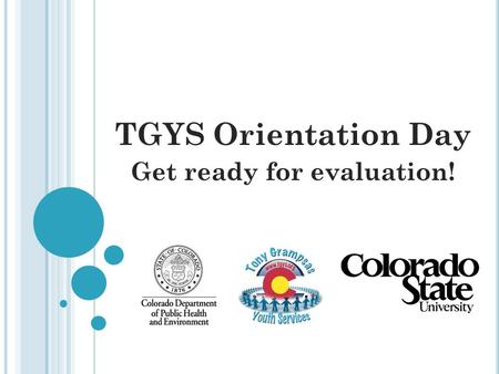 TGYS Orientation Day Get ready for evaluation!. ROADMAP TGYS Goals Reasons for Evaluation Evaluation Plans Design Measurement Data Collection Timelines.