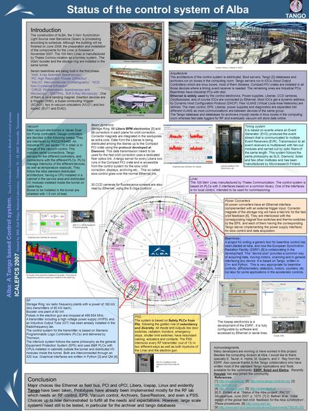 Status of the control system of Alba Introduction The construction of ALBA, the 3 GeV Synchrotron Light Source near Barcelona (Spain) is proceeding according.