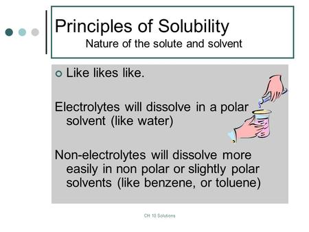 CH 10 Solutions Principles of Solubility Nature of the solute and solvent Like likes like. Electrolytes will dissolve in a polar solvent (like water) Non-electrolytes.