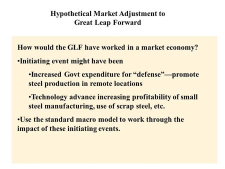 Copyright © 2004 South-Western Hypothetical Market Adjustment to Great Leap Forward How would the GLF have worked in a market economy? Initiating event.