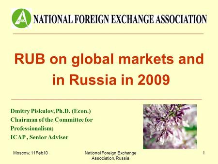 Moscow, 11Feb10National Foreign Exchange Association, Russia 1 RUB on global markets and in Russia in 2009 Dmitry Piskulov, Ph.D. (Econ.) Chairman of the.