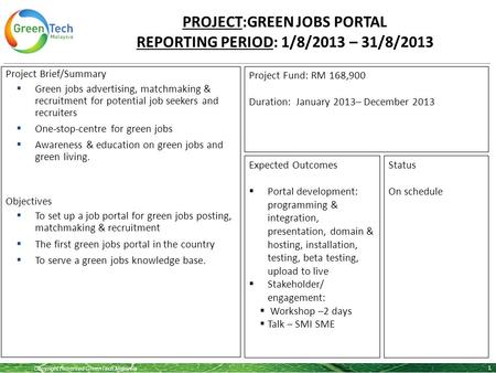 Copyright Reserved GreenTech Malaysia PROJECT:GREEN JOBS PORTAL REPORTING PERIOD: 1/8/2013 – 31/8/2013 1 Project Brief/Summary  Green jobs advertising,