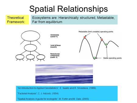 Ecosystems are: Hierarchically structured, Metastable, Far from equilibrium Spatial Relationships Theoretical Framework: “An Introduction to Applied Geostatistics“,