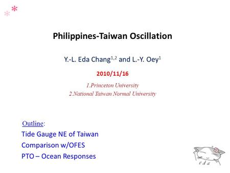 Philippines-Taiwan Oscillation Y.-L. Eda Chang 1,2 and L.-Y. Oey 1 2010/11/16 1.Princeton University 2.National Taiwan Normal University Outline: Tide.