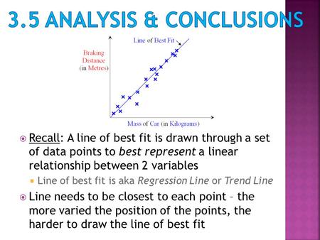  Recall: A line of best fit is drawn through a set of data points to best represent a linear relationship between 2 variables  Line of best fit is aka.