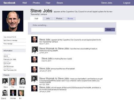 Facebook Steve Jobs appears at the Cupertino City Council to unveil Apple's plans for its new 'Spaceship' campus WallPhotosFlairBoxesSteve JobsLogout View.